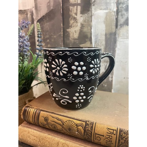Hand Painted Black & White Dot Floral Ceramic Mug Made in Mexico - Picture 1 of 6
